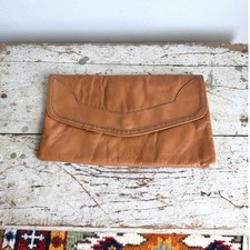 Vintage Tan Leather Envelope Clutch Bag Snap Closure Brown Decorative Stitching