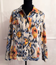 Chico's Size 2 L Ikat Print Linen Blend Jacket Blue Orange Boho Button Front