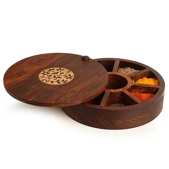 Sheesham Wooden Masala Box Spice Organizer Round Indian Masala Dabba