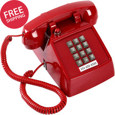 Classic Red Corded Landline Phone with Large Buttons - Vintage Desk Telephone