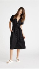 Quince Black 100% Linen Button-Front Midi Dress with Waist Tie