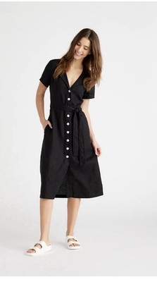 Quince Black 100% Linen Button-Front Midi Dress with Waist Tie | eBay Quince Black 100% Linen Button-Front Midi Dress with Waist Tie | eBay