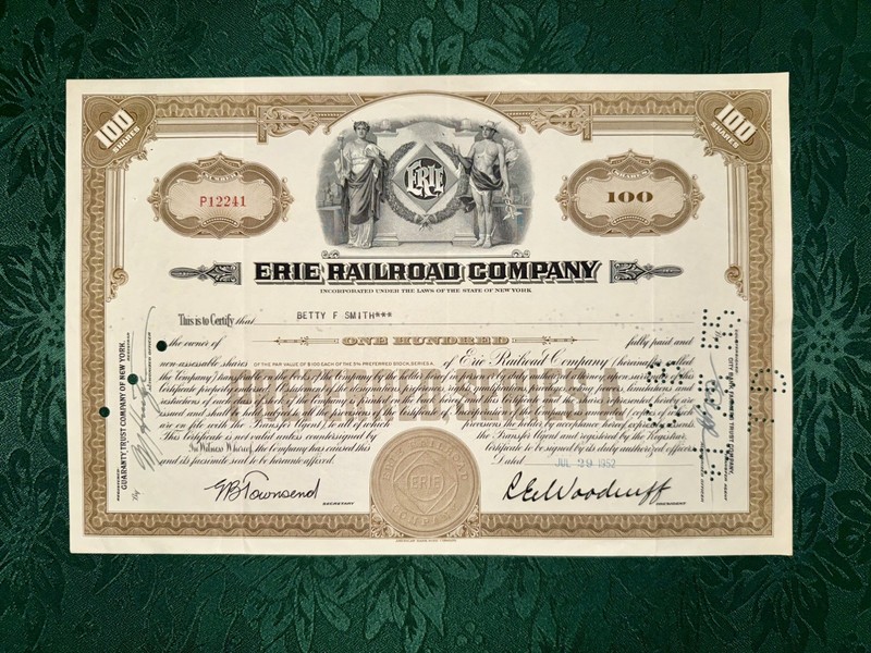 Erie Railroad Company Preferred Series A Stock Certificate 100 Shares 1952