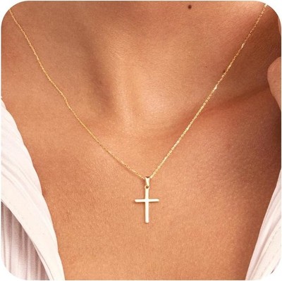 Easter Basket Stuffers - Cross Necklace for Women 18K Gold Plated Cross Necklace