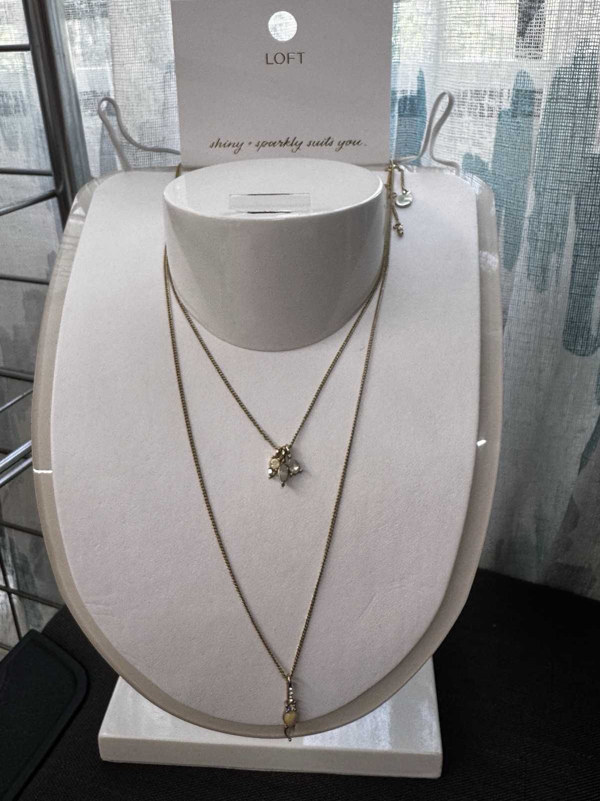 LOFT Gold Tone Layered Cable Chain Necklace Marquise Multicolor Glass Charm