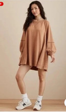 American Eagle Oversized Sweatshirt Dress XS Puff Sleeve Brown Lounge Beach Boho