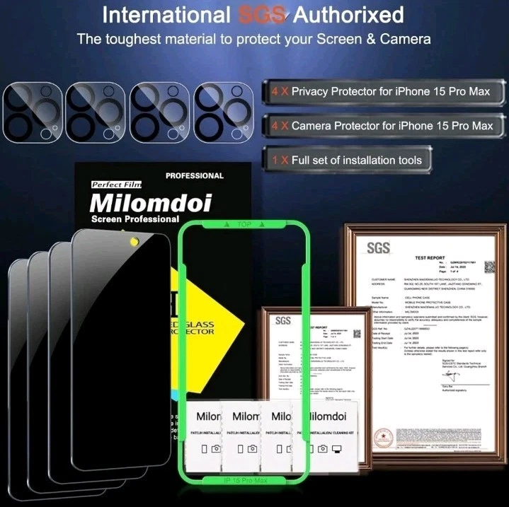 Milomdoi 4 Pack Privacy Screen Protector for Apple iPhone 15 Pro Max + 4 camera  - Image 3 of 4