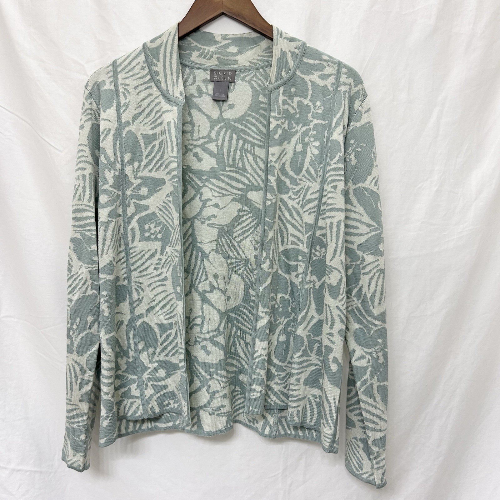 Sigrid Olsen Women’s Blue Silk Open Front Floral Cardigan Sweater Size L Boho