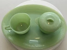 Vintage 4pc Fire King Jadeite Jane Ray Platter, Sugar Bowl w/ Lid & Creamer
