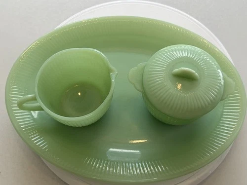 Vintage 4pc Fire King Jadeite Jane Ray Platter, Sugar Bowl w/ Lid & Creamer