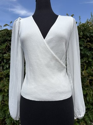 French Connection M Mozart Faux Wrap Sheer Puff Sleev. White V Neck Sweater -NWT