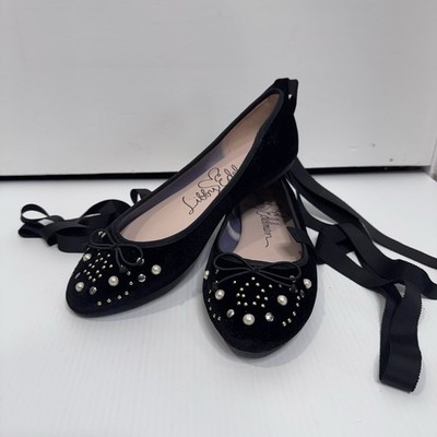 Libby Edelman Black Velvet Ballet Flats Pearl Stud Lace Up Womens Size 9