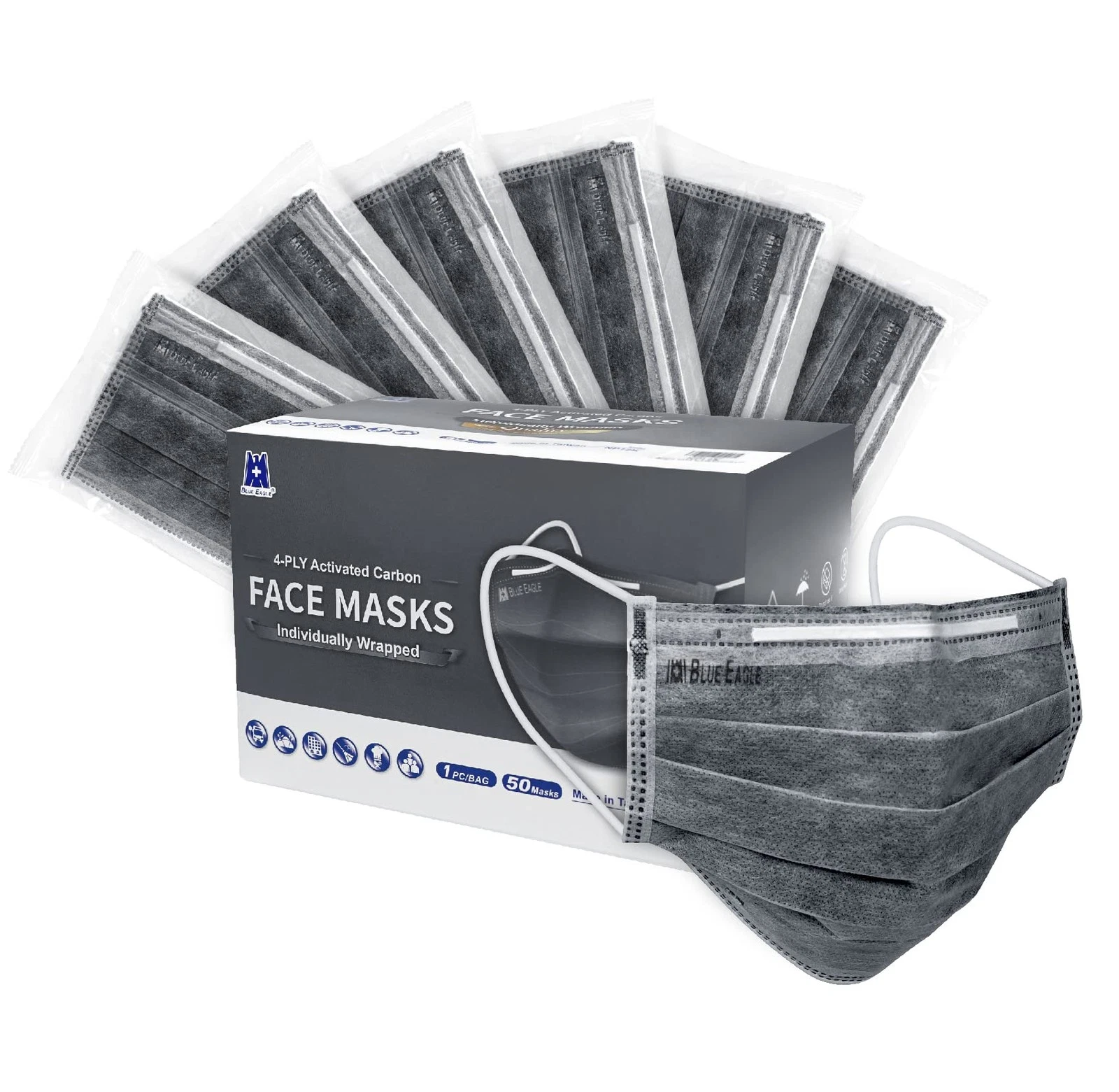 4-PLY BlueEagle Individually Wrapped Disposable Adult Face Masks | Fit for La...