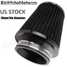 Black Dry Air Filter Cold Air Intake Cone Replacement 3" 76mm High Flow Inlet US