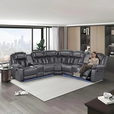 SALE LED Contemporary 2-Recliner Sectional Gray Leather with Bluetooth Speaker