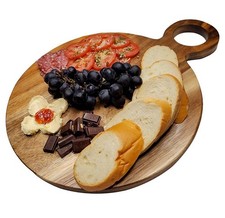 Acacia Wood Charcuterie Board Round Cheese Serving Tray w/Handle 12" NEW