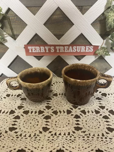 2 Vintage Hull Pottery Brown Drip Glaze Oven Proof USA Coffee Mugs