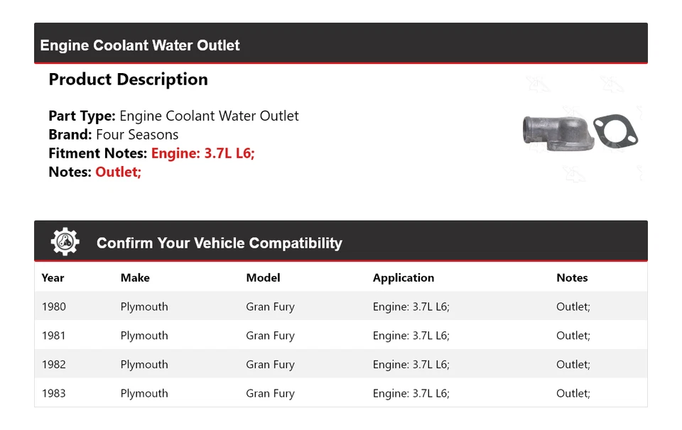 Salida de agua refrigerante motor 3,7 L L6 Plymouth Gran Fury 1980-1983 4 estaciones Foto 2 de 4