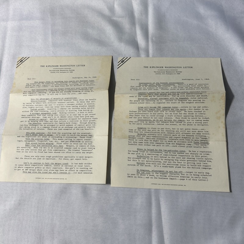 OLD VINTAGE KIPLINGER WASHINGTON AGENCY WASHINGTON DC 1968 LETTER LETTERHEAD