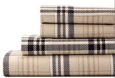 Cuddl Duds Flannel NEUTRAL PLAID Sheet Set Tan/Black Brushed Cotton-Twin Queen