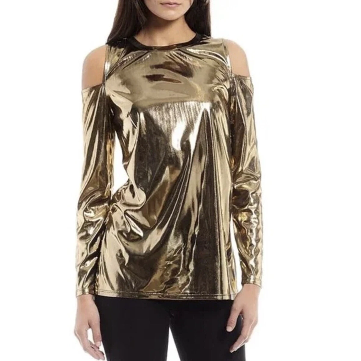 Womens Michael Kors Sz S Top Liquid Gold Flowy Long Sleeve Cold