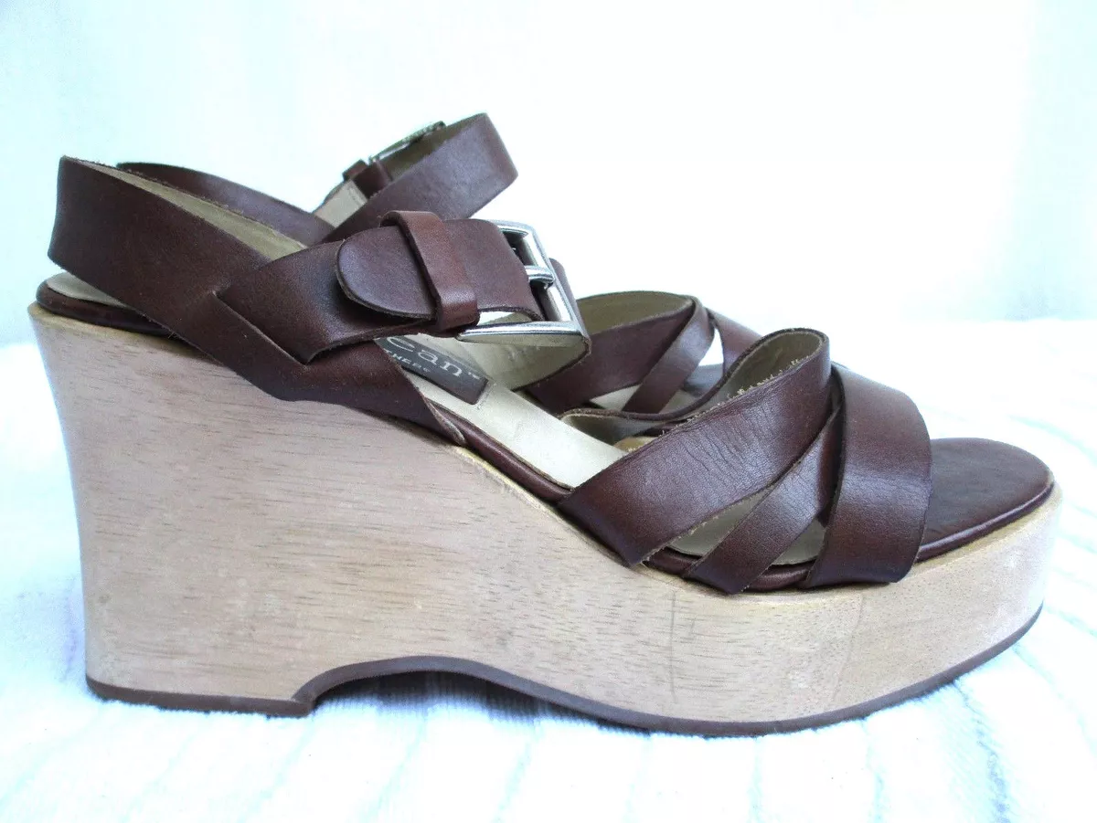 VTG 90s CATHY JEAN REAL WOOD CHUNKY SOLE WEDGE PLATFORM SANDAL HEELS 8.5