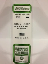 Evergreen # 118 Styrene Strip .015" Thick - 14" Long; pkg(10) x .188"A Scale MIB