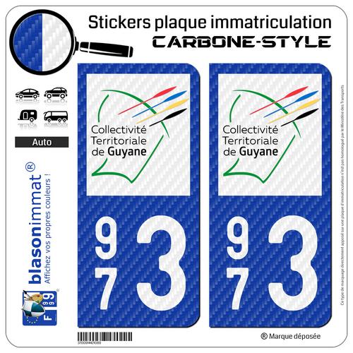 2 Stickers autocollants plaque d'immatriculation 973 Guyane - LT Carbone-Style - Picture 8 of 9