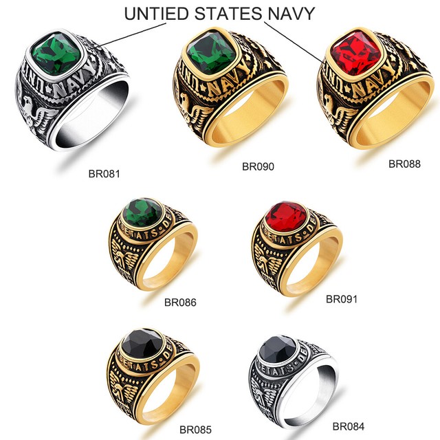 Men's Stainless Steel Gold Ring Green Stone Emerald US Navy Military