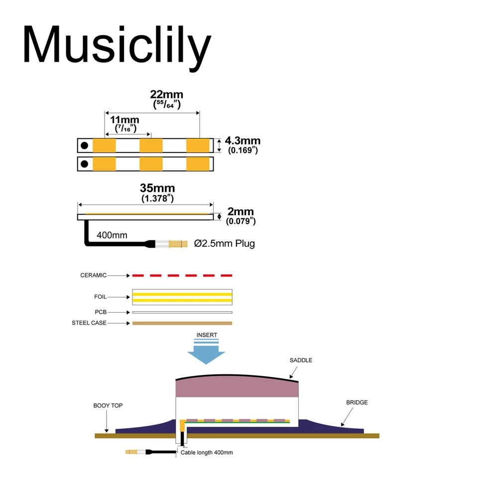 Pastilla piezoeléctrica Artec PG-333 4,3 mm 2 separadas para guitarra acústica puente dividido 3+3 Foto 2 de 4