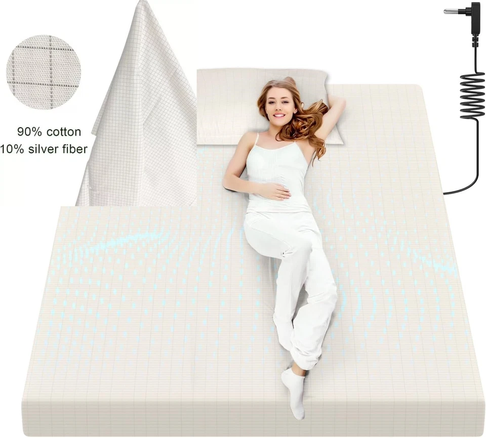 Upgraded 10% Silver Fiber Grounded Fitted Sheets Cotton Earthing Bed Cover White - Image 2 of 4