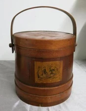 Antique Primitive Wood Firkin/Sugar Sewing Barrel Bucket Basket & Lid