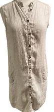 Halston SZ M Linen Sleeveless Button Front Dress Pockets Beige Shift # 4755