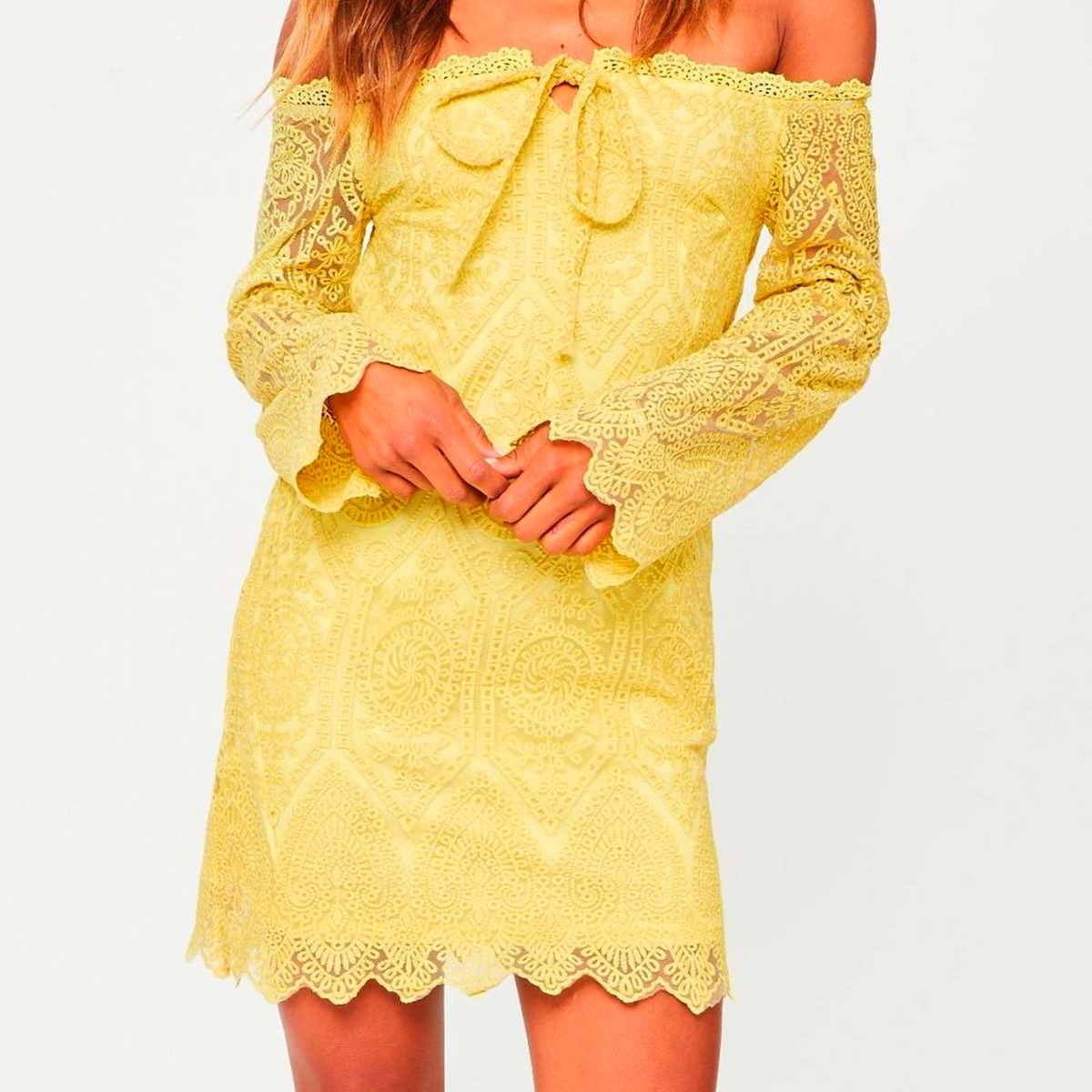 yellow lace shift dress NWT Liberty Love Mini Shift Dress Size M Womans Yellow Lace Long Sleeve  Lined