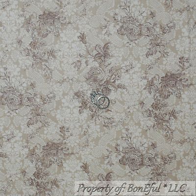 BonEful Fabric FQ Cotton Quilt VTG Tan Brown Cream Rose FLOWER Toile Shabby Chic