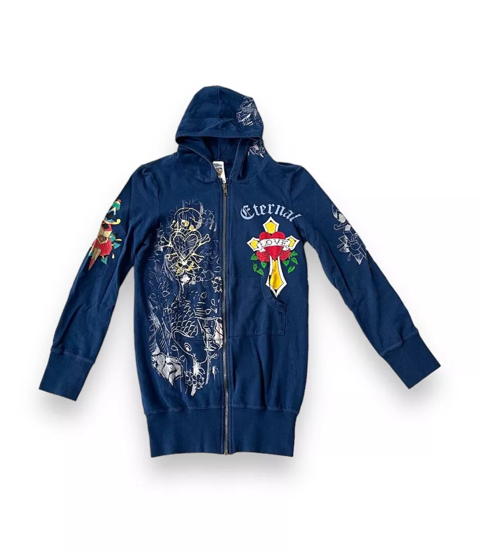 Ed Hardy Vintage Full Zip Hoodie Navy Blue Eternal Love Women’s Size Small Y2K