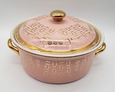 Vintage Halls Superior Quality Covered Casserole Dish Pink Basket weave Pattern