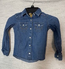Girl Wrangler Denim Pear Snap Long Sleeve Button Up Embroidered Shirt XS