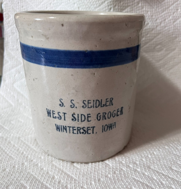 ANTIQUE ADVERTISING CROCK BEATER JAR WEST SIDE GROCER WINTERSET, IOWA