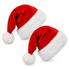 2 Pack Red Santa Hats with Fluffy White Plush Trim  Pom Pom Christmas Party Hat
