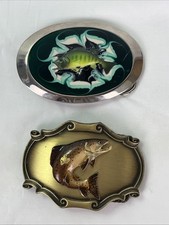 Vintage Salmon and Big Mouth Bass Fishing Sportsman Belt Buckles 1978 Lot Of 2