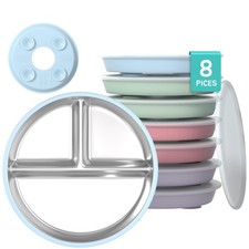 MEUIS Suction Toddler Plates Set with Lids - Divided Stainless Steel Kids Pla...