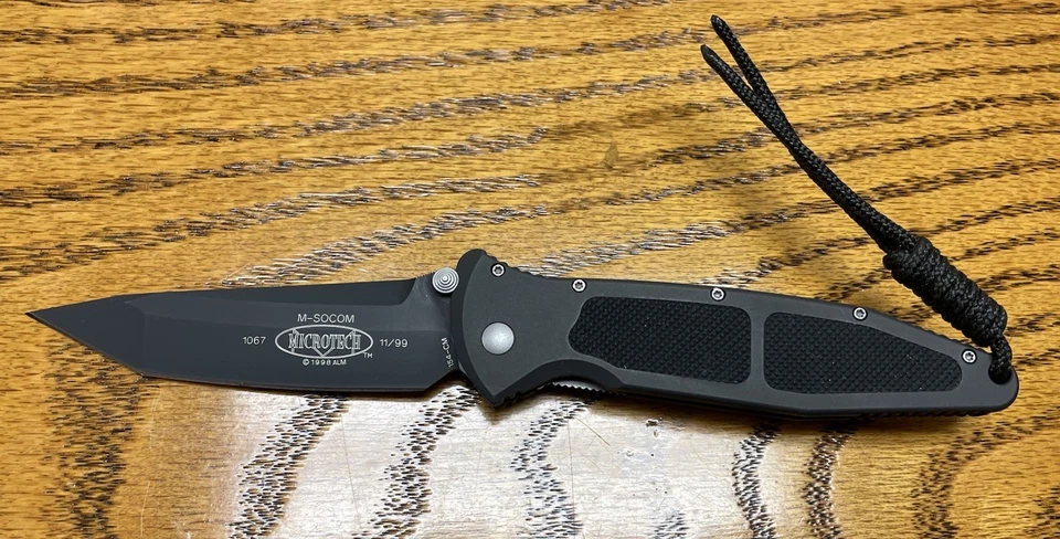1999 Early Microtech Mini Socom Black Tanto Signature Folding Pocket Knife + Mat - Image 2 of 4