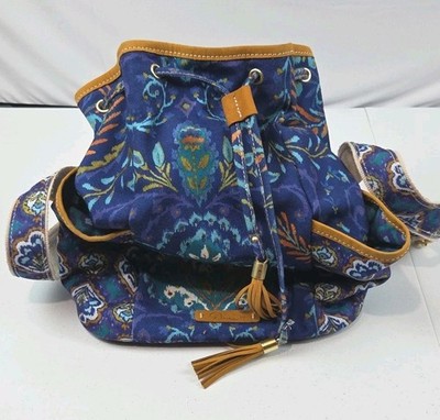 Dena Canvas Leather Trim Backpack Drawstring Purse Blue Purple Green, Pre-owned 