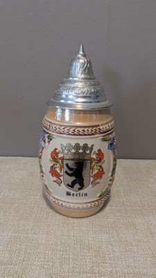 Keramik Bierkrug mit Zinndeckel Sammlerstück Handarbeit Gerz
