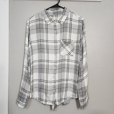 Thread Supply Top Women's Size Large Button Up Plaid Long Sleeve Gray and White