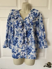 Mille Resort Hannah White & Blue Floral Print Ruffle Cotton Boho Beach Top Sz M