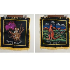 Pair of 1940s Australian Kangaroo and Koala Fringed Souvenir Velvet Pillowcases