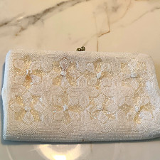 White Beaded Bridal Clutch Bag Purse w/ Strap  Clasp Closure