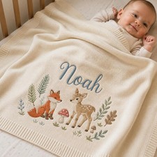 Personalized Woodland Baby Blanket Custom Name Fox Deer Newborn Keepsake